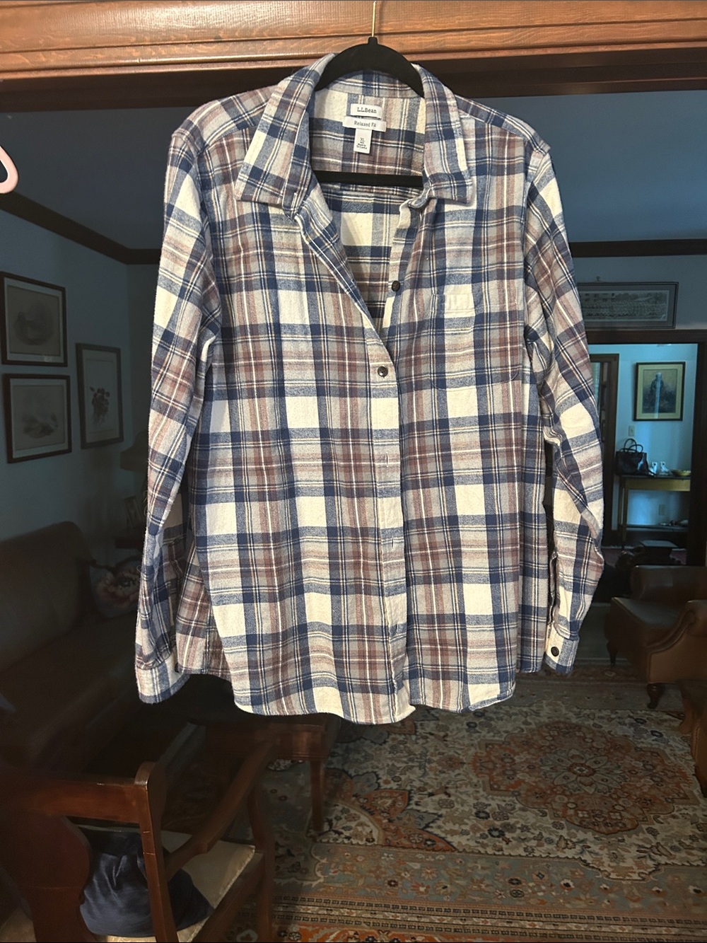 L.L. Bean Women's Plaid Button-Up in Blue & Brown flannel. Never worn.